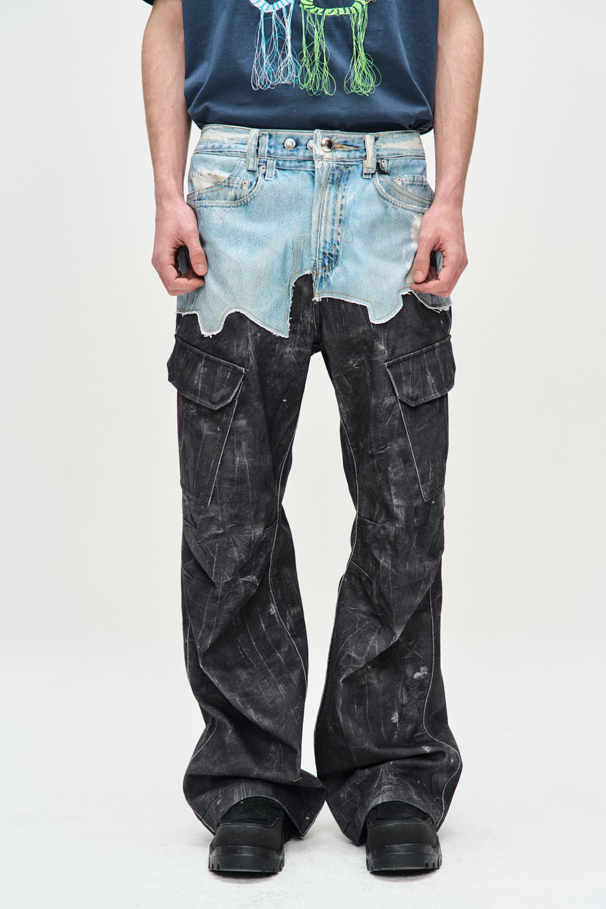 Andersson Bell Faux-Denim & Scratch Leather Printed Cargo-Pants