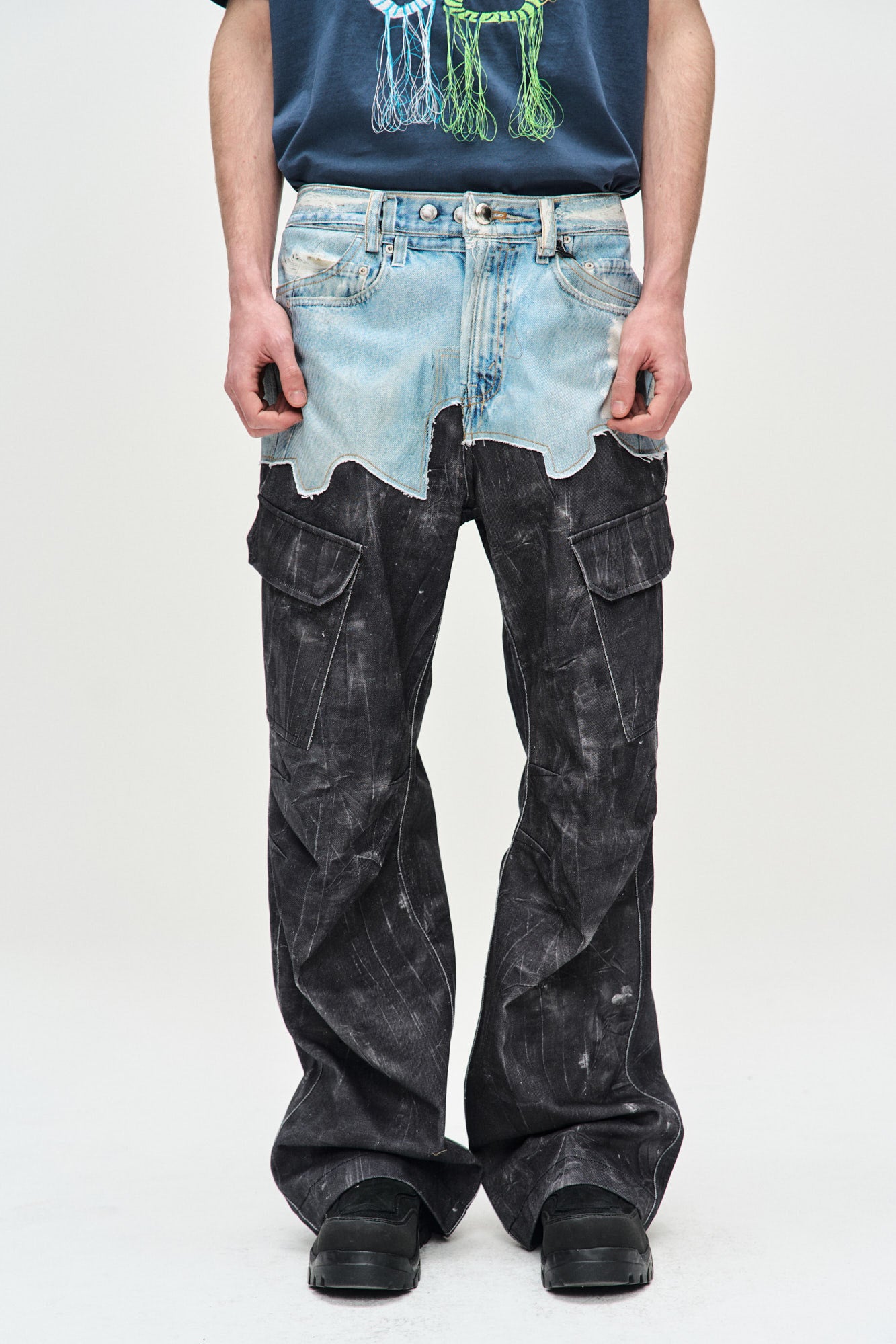 Andersson Bell Faux-Denim & Scratch Leather Printed Cargo-Pants