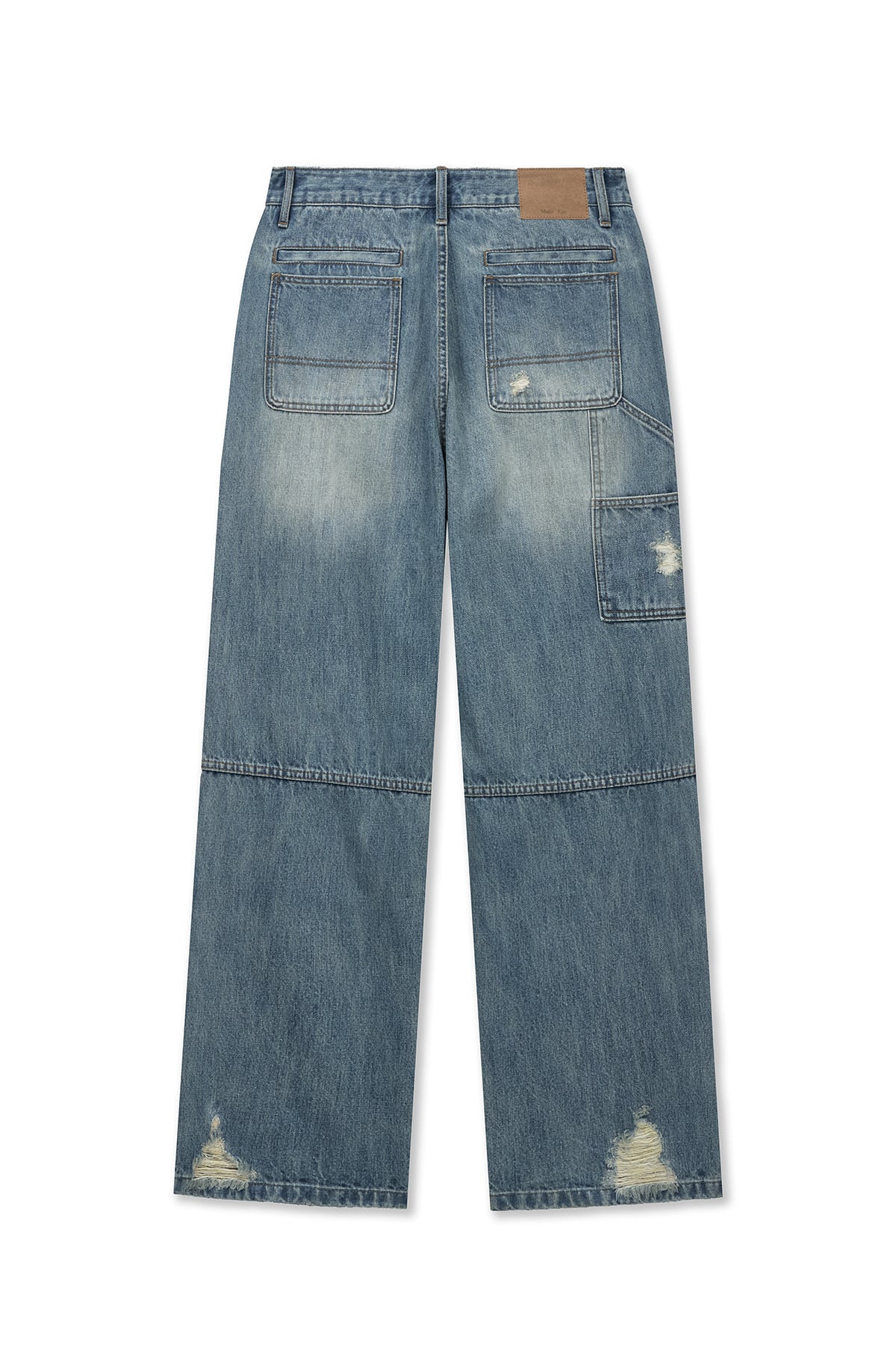 [matinkim] VINTAGE WASHED DOUBLE KNEE DENIM PANTS FOR MEN IN BLUE