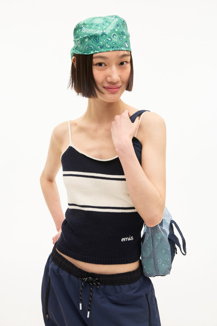 Emis Stripe Knit Sleeveless Top-Navy