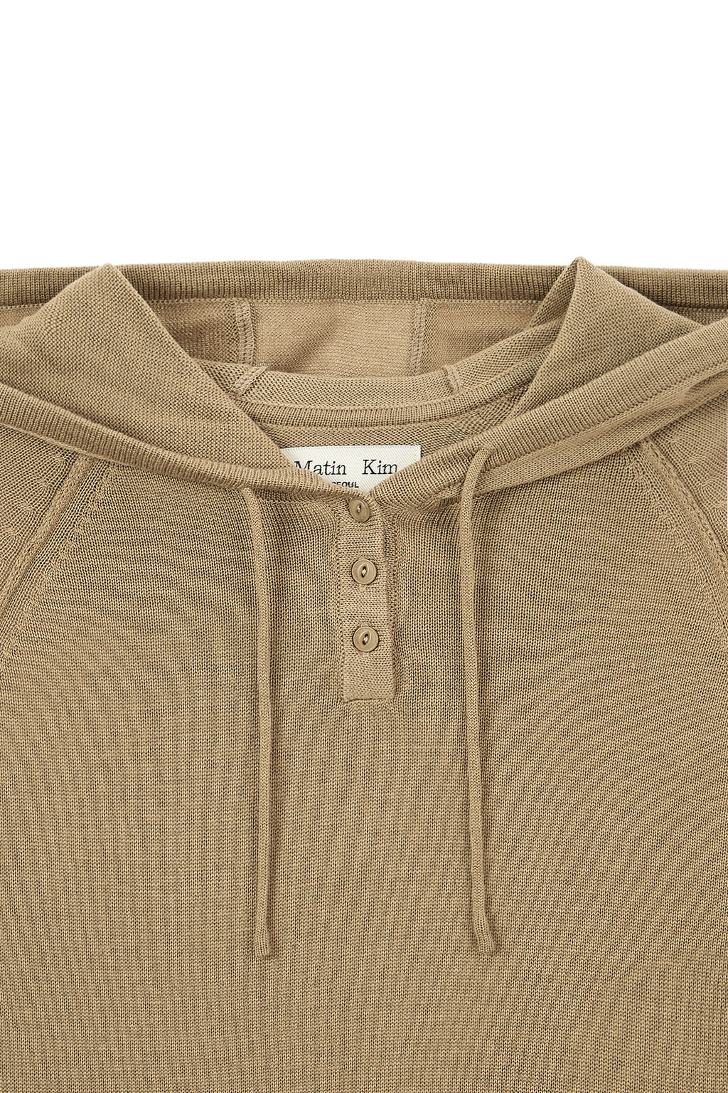 [matinkim] BUTTON HOODY RAGLAN KNIT TOP IN KHAKI