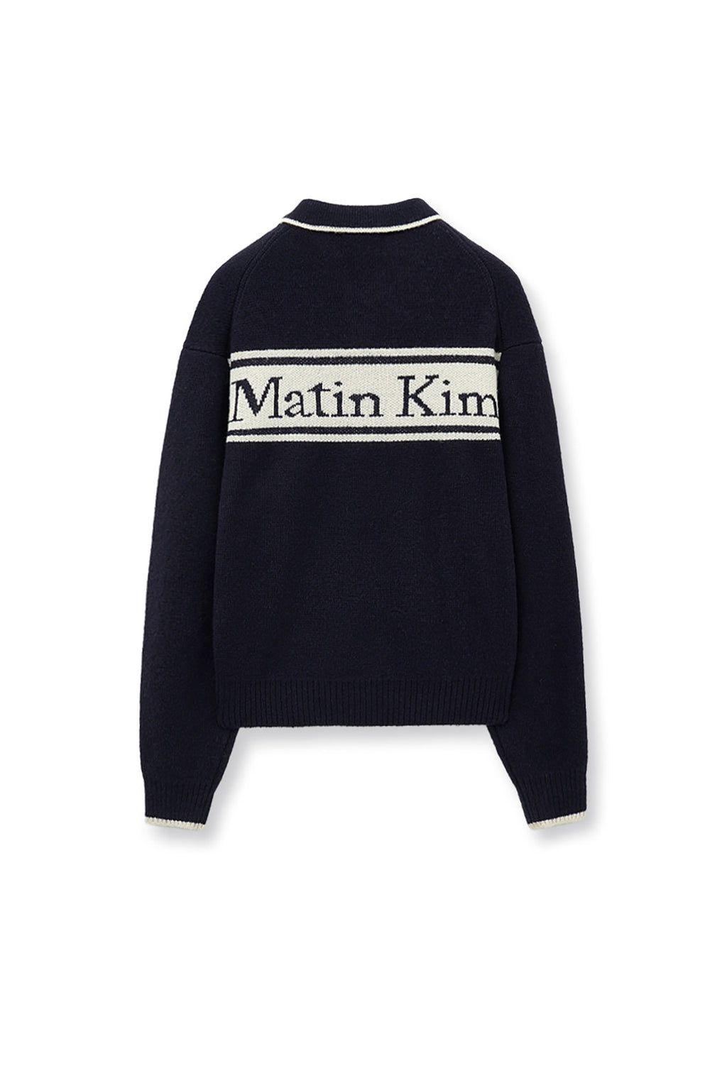 [matinkim] BACK LOGO COLLAR KNIT TOP FOR MEN IN DARK NAVY