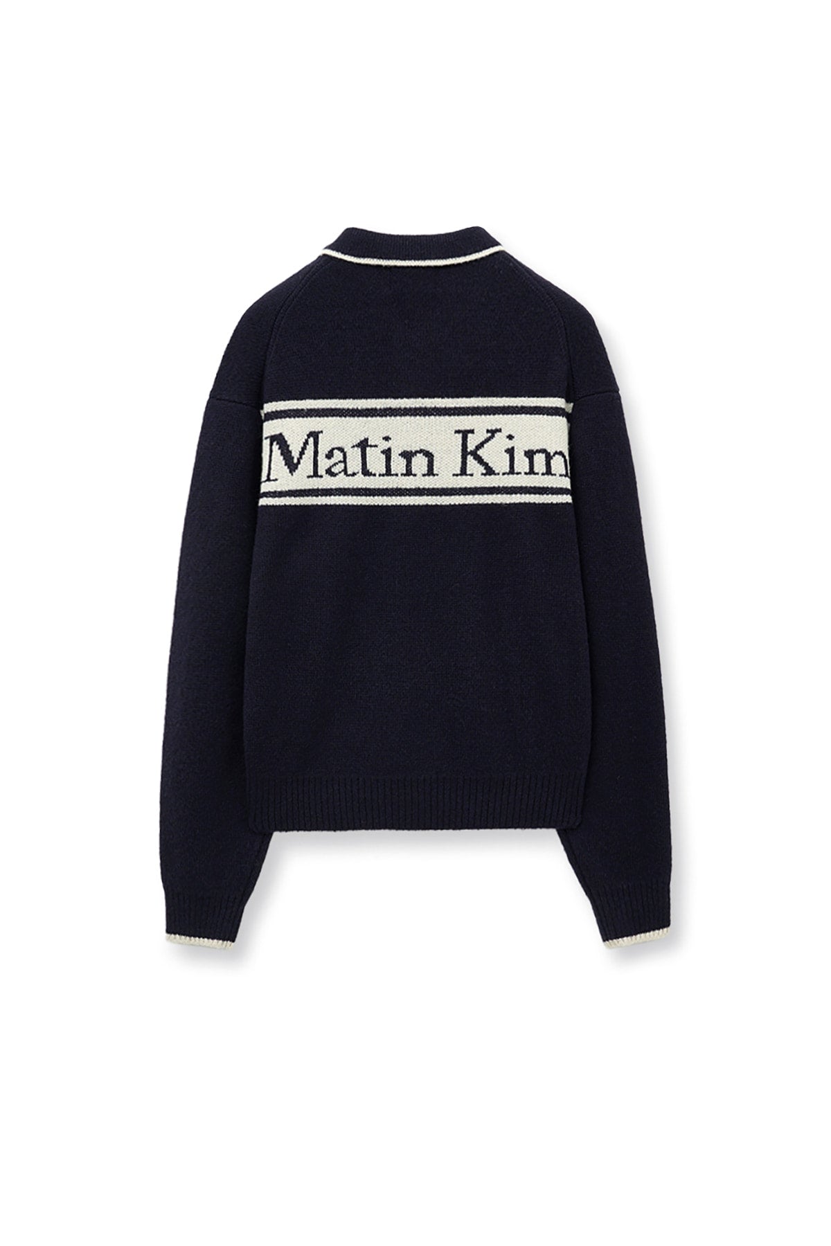 [matinkim] BACK LOGO COLLAR KNIT TOP FOR MEN IN DARK NAVY