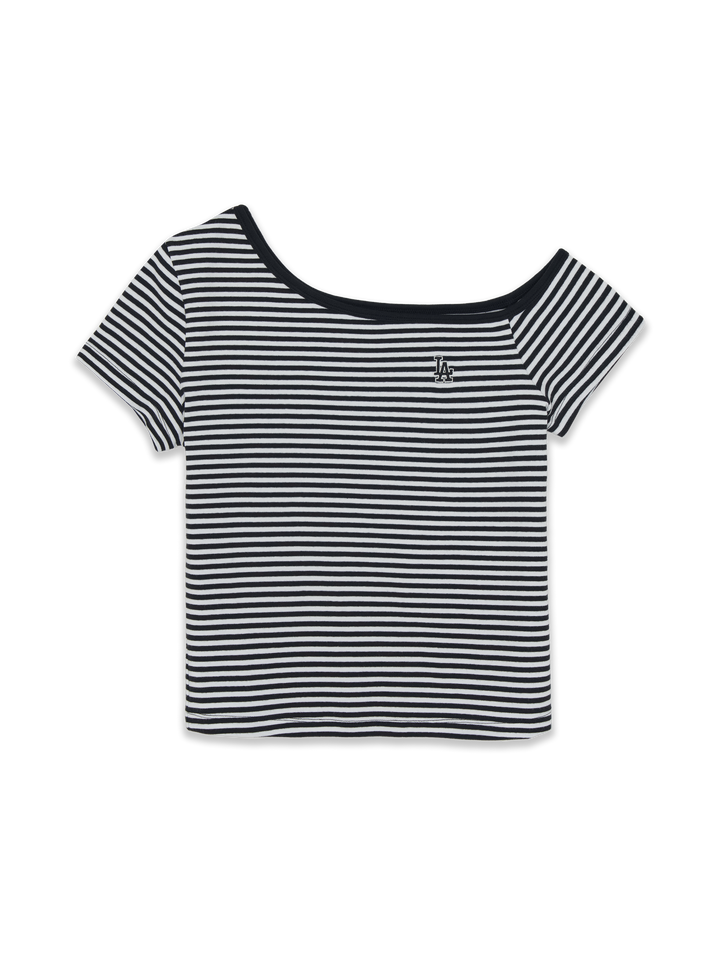MLB Women's Varsity Stripe Off Shoulder Slim Semi Crop T-Shirts