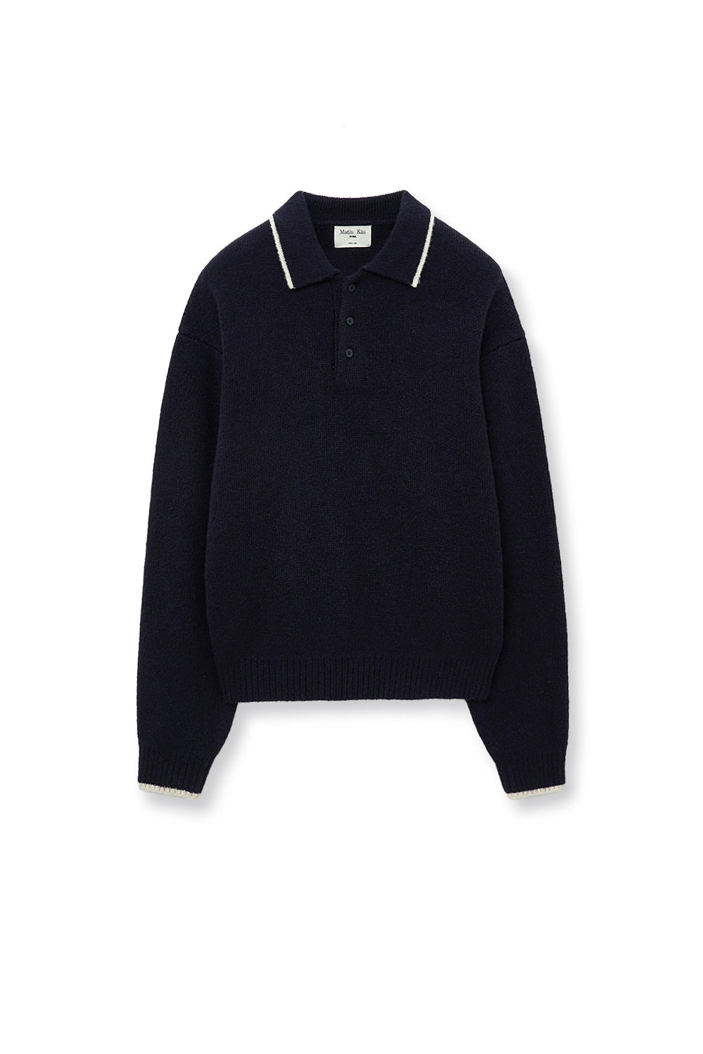 [matinkim] BACK LOGO COLLAR KNIT TOP FOR MEN IN DARK NAVY