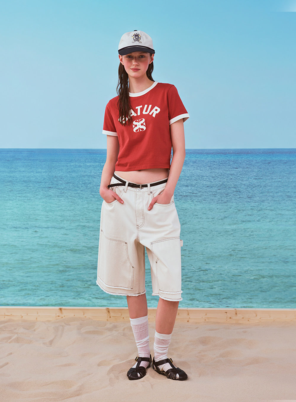 Satur Carpenter Bermuda Denim Pants - Ecru
