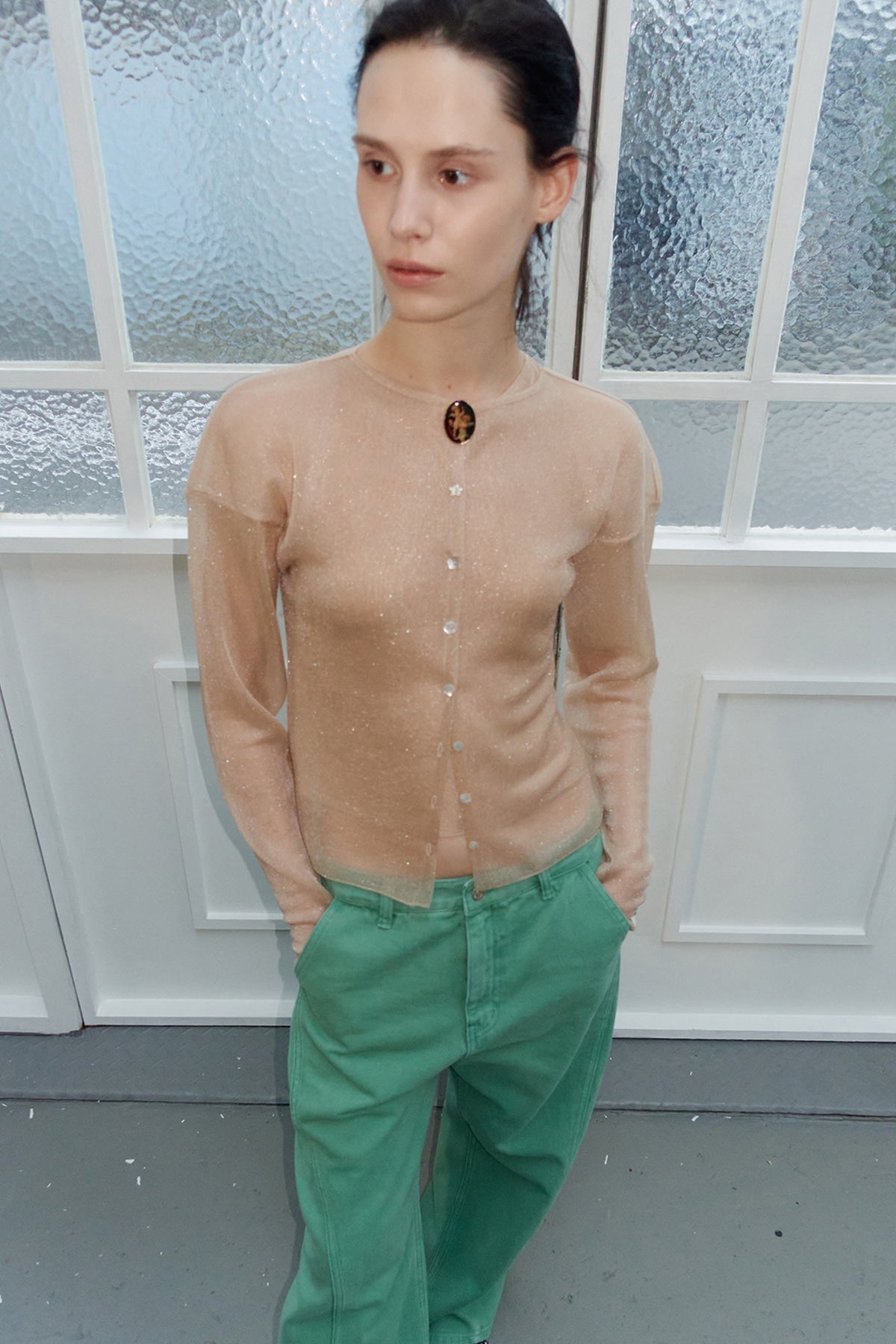 Overdueflair Sheer Glossy Cardigan Nude Beige
