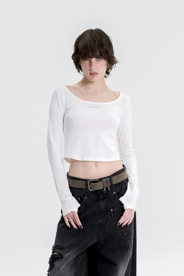 Treemingbird Scoop Neck Finger Hole Long Sleeve White