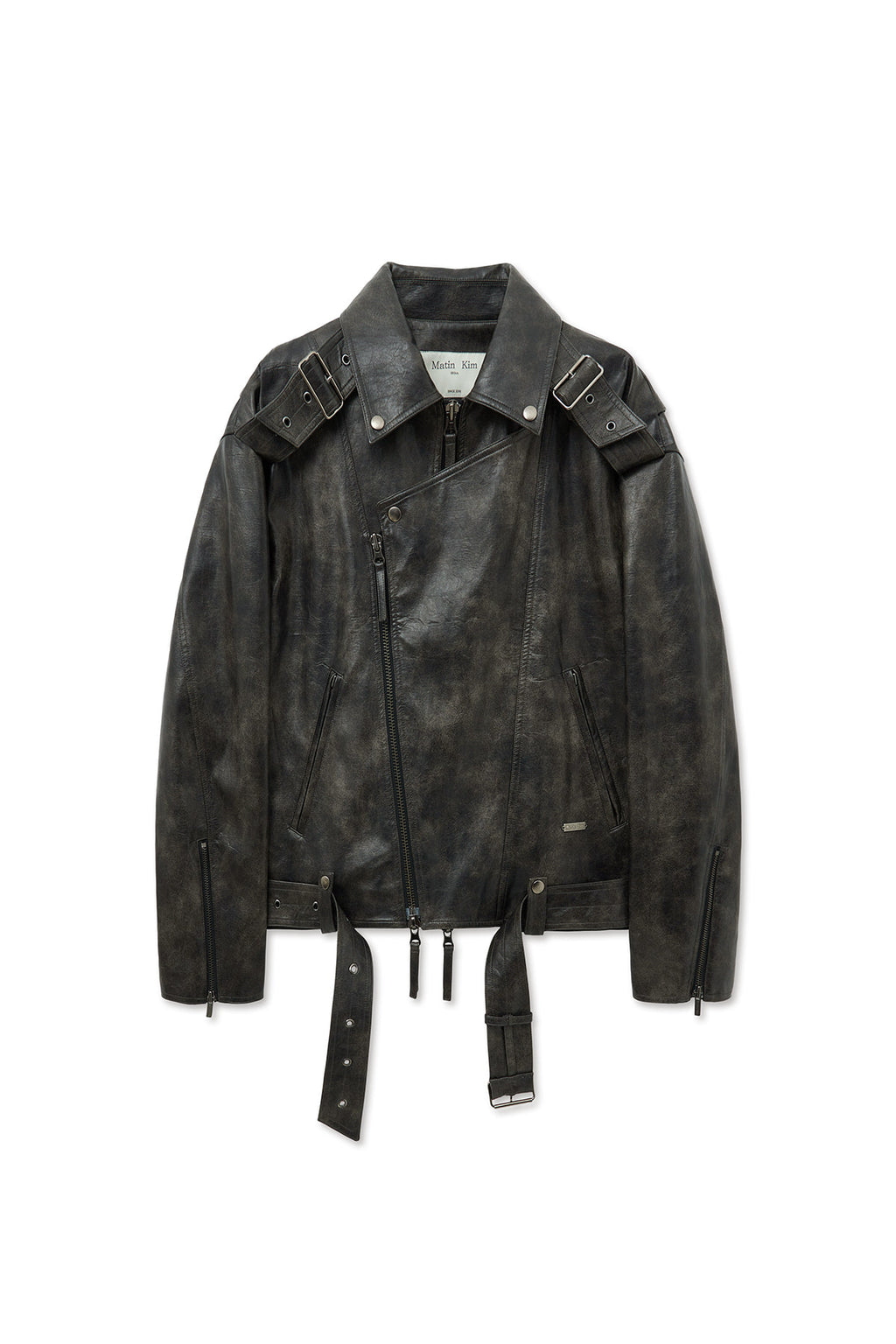 [matinkim] FAUX LEATHER BELTED RIDER JUMPER IN CHARCOAL