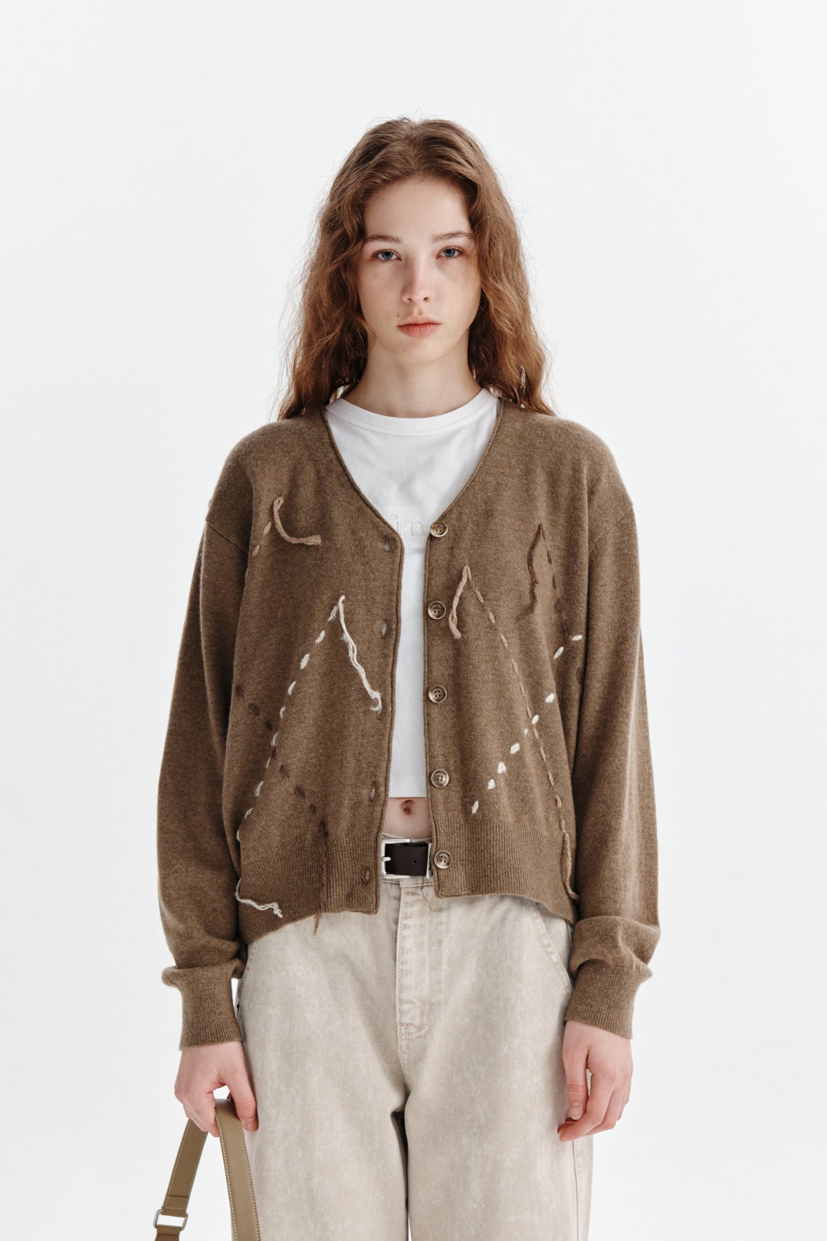 [matinkim] ARGYLE STITCH CARDIGAN IN KHAKI BROWN