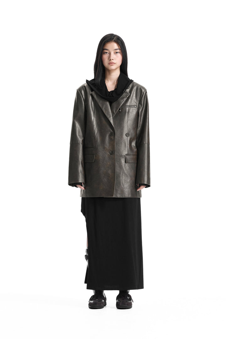 Treemingbird Metal-Ring Oversized Leather Jacket Brown