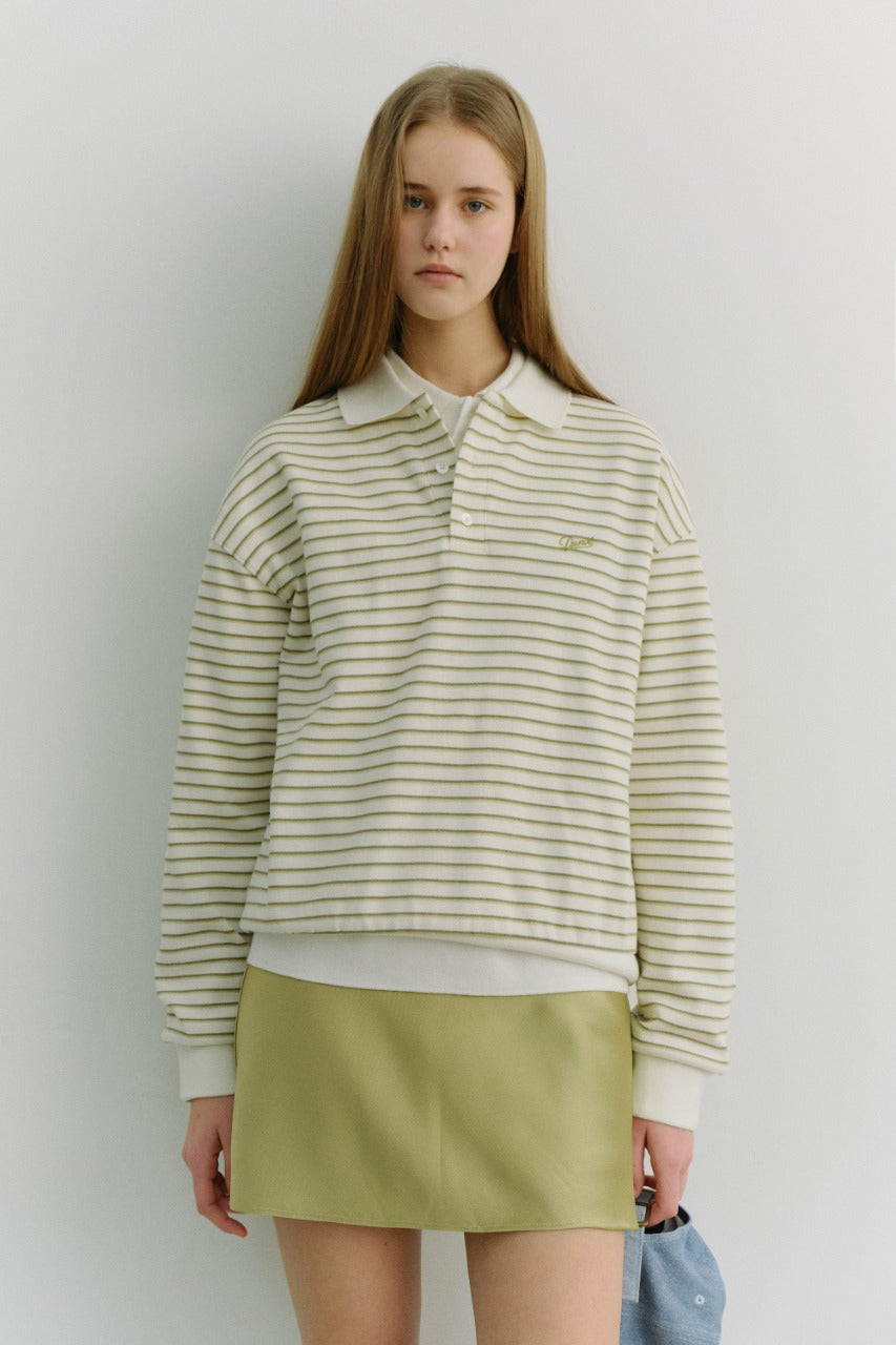 Dunst Unisex Striped Logo Collared T-Shirt Olive Stripe