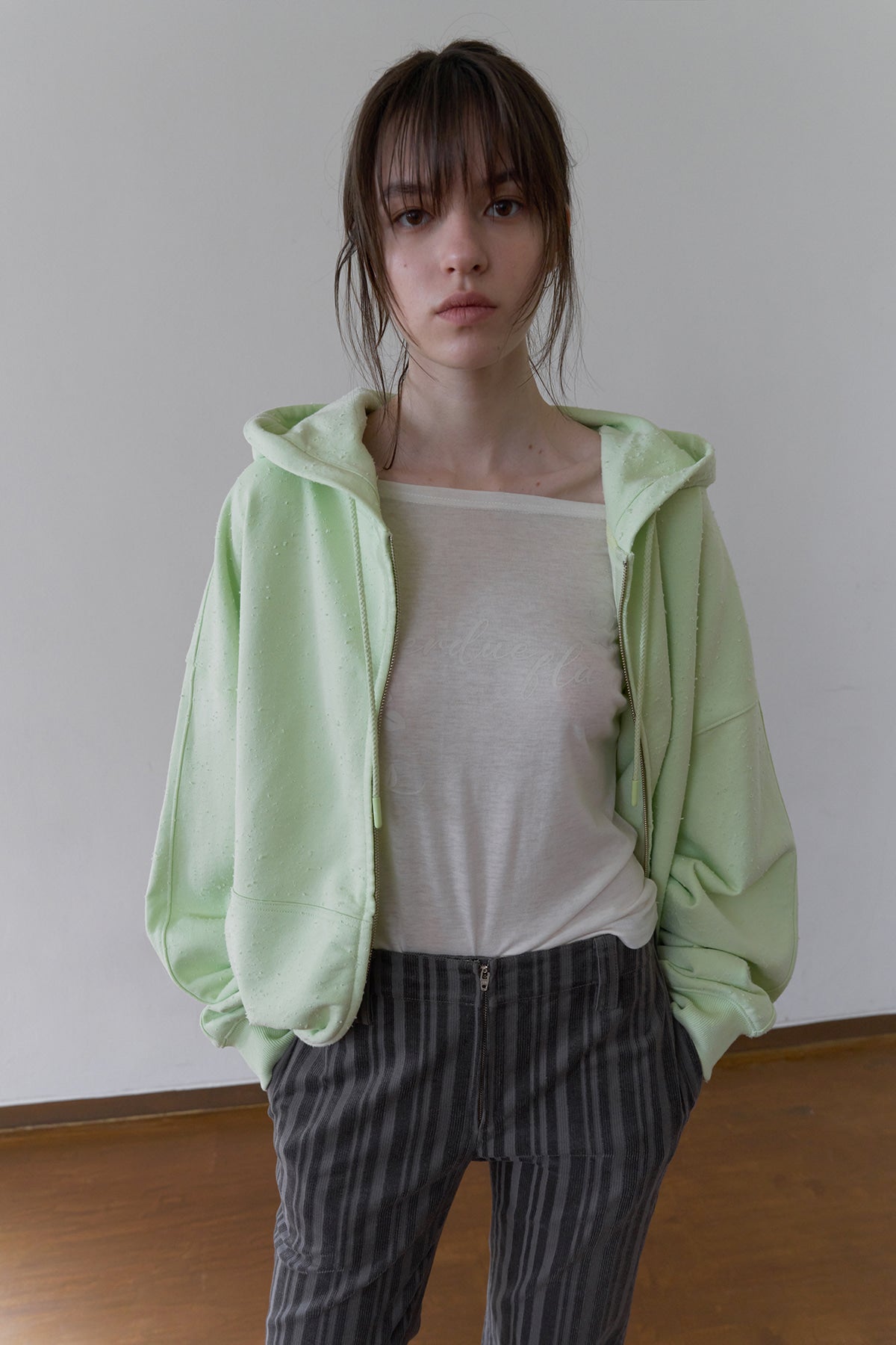 Overdueflair Damaged Washed Zip-Up Hoodie Apple Green