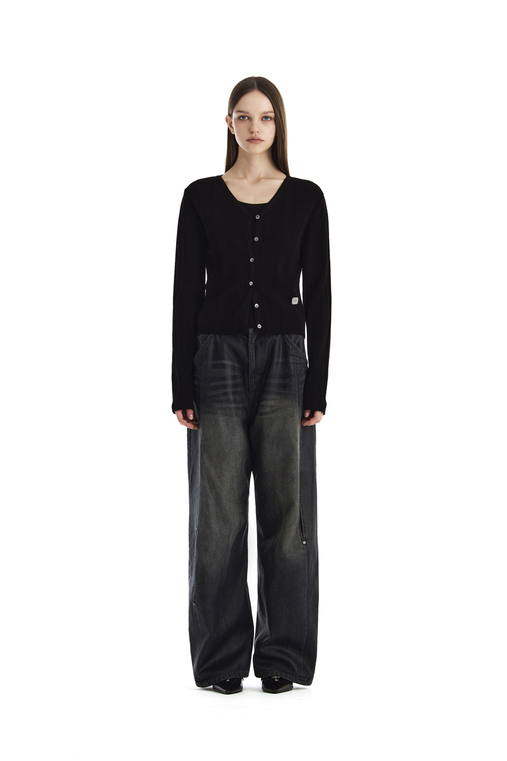 Treemingbird Essential Ribbed V-Neck Knit Cardigan Black