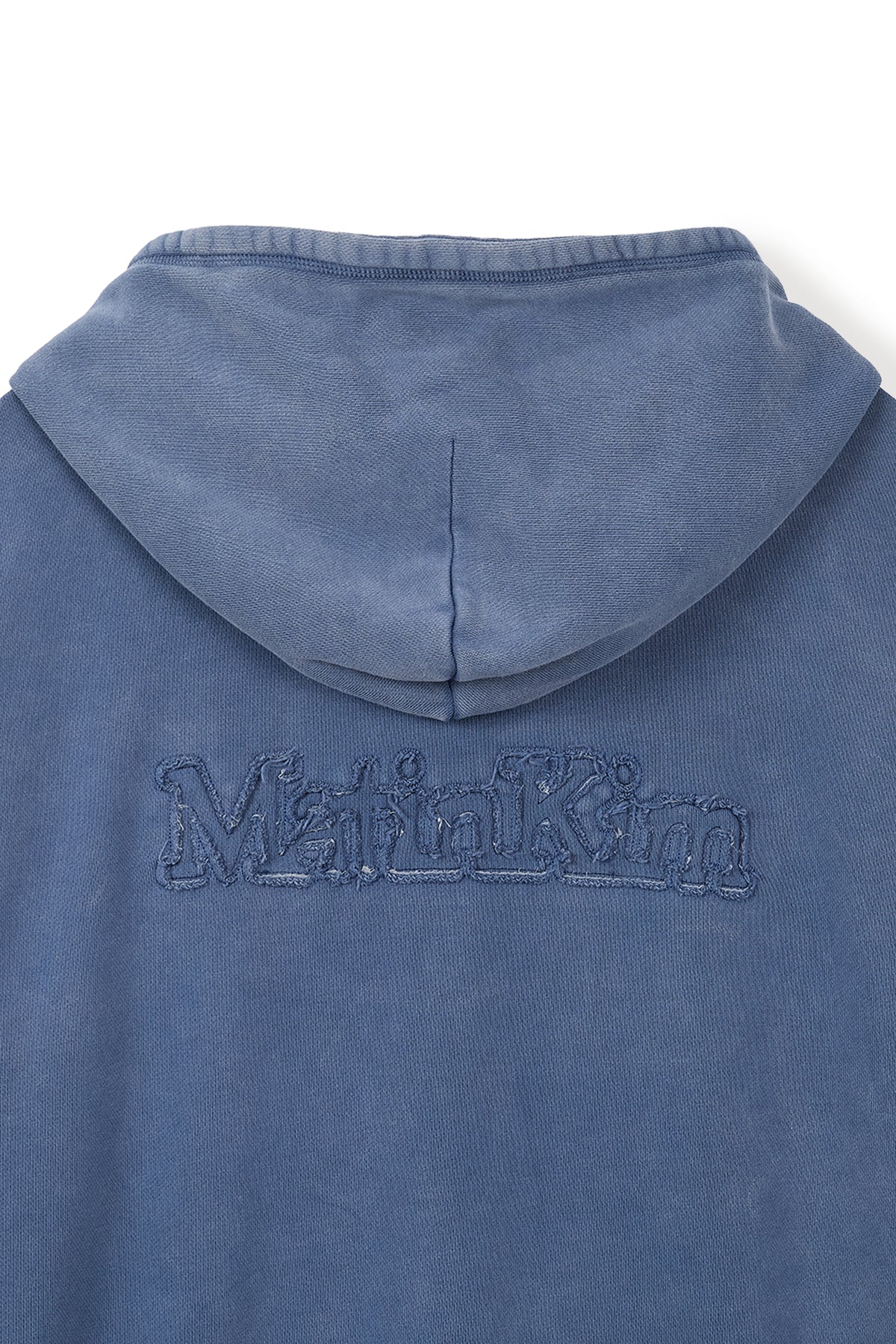 [matinkim] BACK LOGO WASHED HOODY ZIP UP FOR MEN IN BLUE