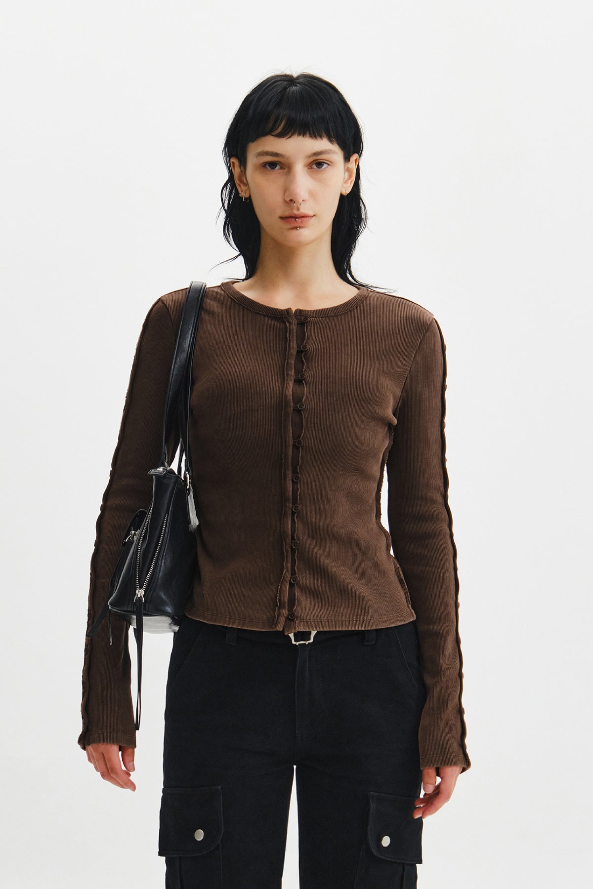 Matinkim Washed Rib Button Detail Top IN Brown
