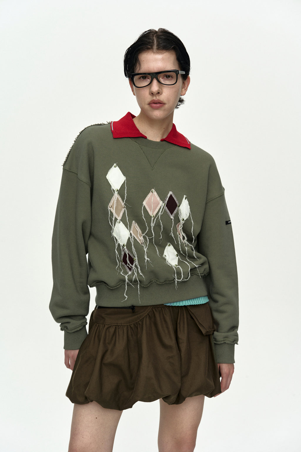 Andersson Bell (Essential) Studded Argyle Patchwork Sweatshirt Olive)