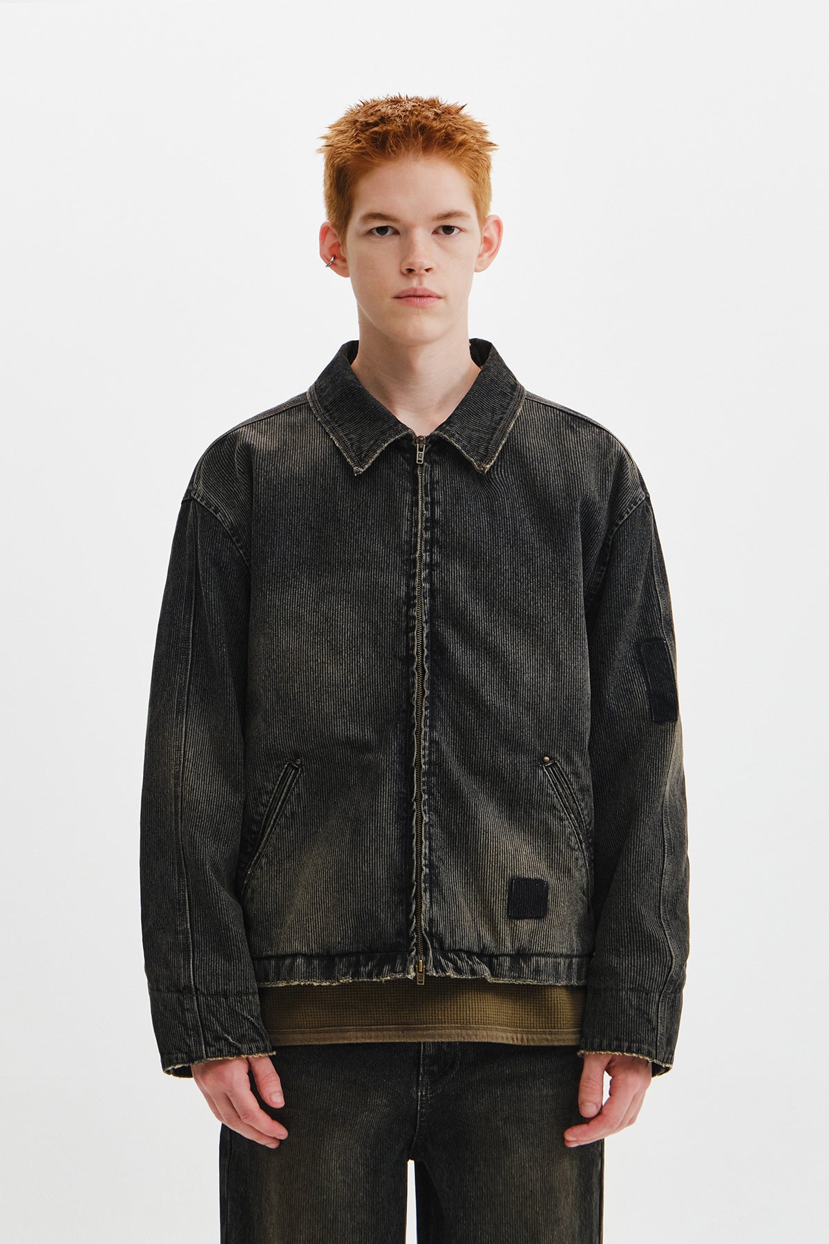 Matinkim Washed Rib Denim Zip UP Jumper For Men IN Dark Grey