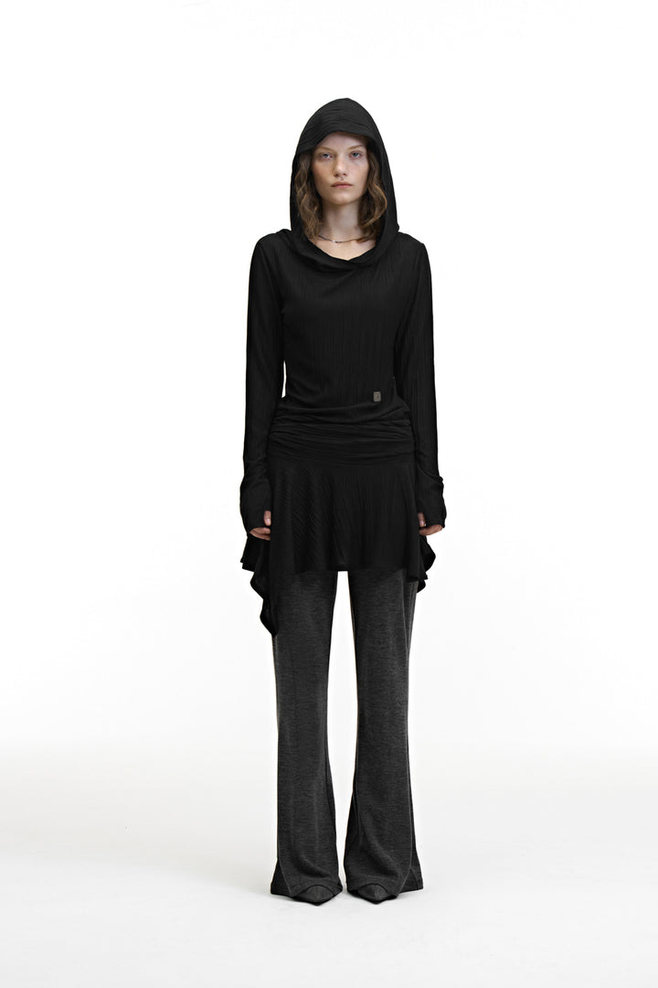 Treemingbird Crinkle Draped Hooded Long Sleeve Dress Black