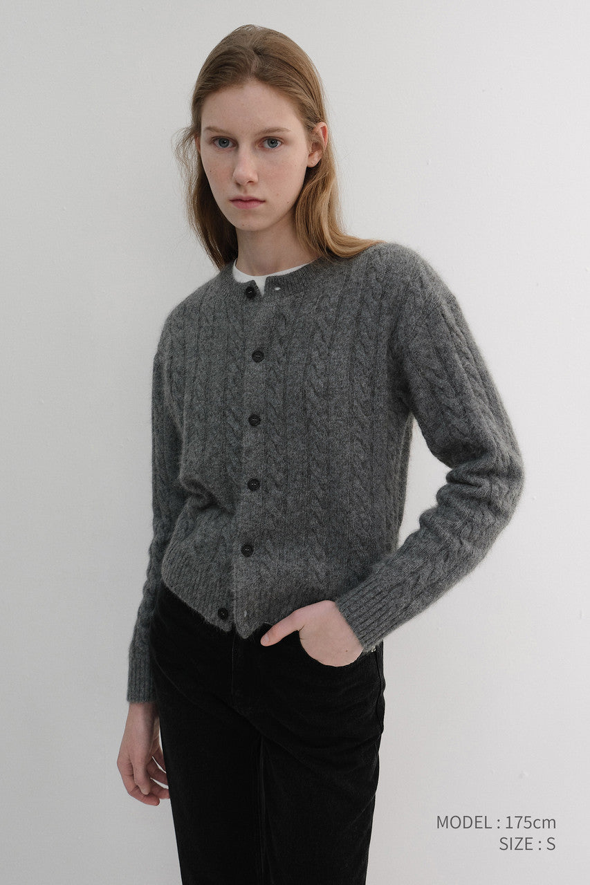 Dunst Unisex Hairy Cable Crew Neck Cardigan Melange Grey