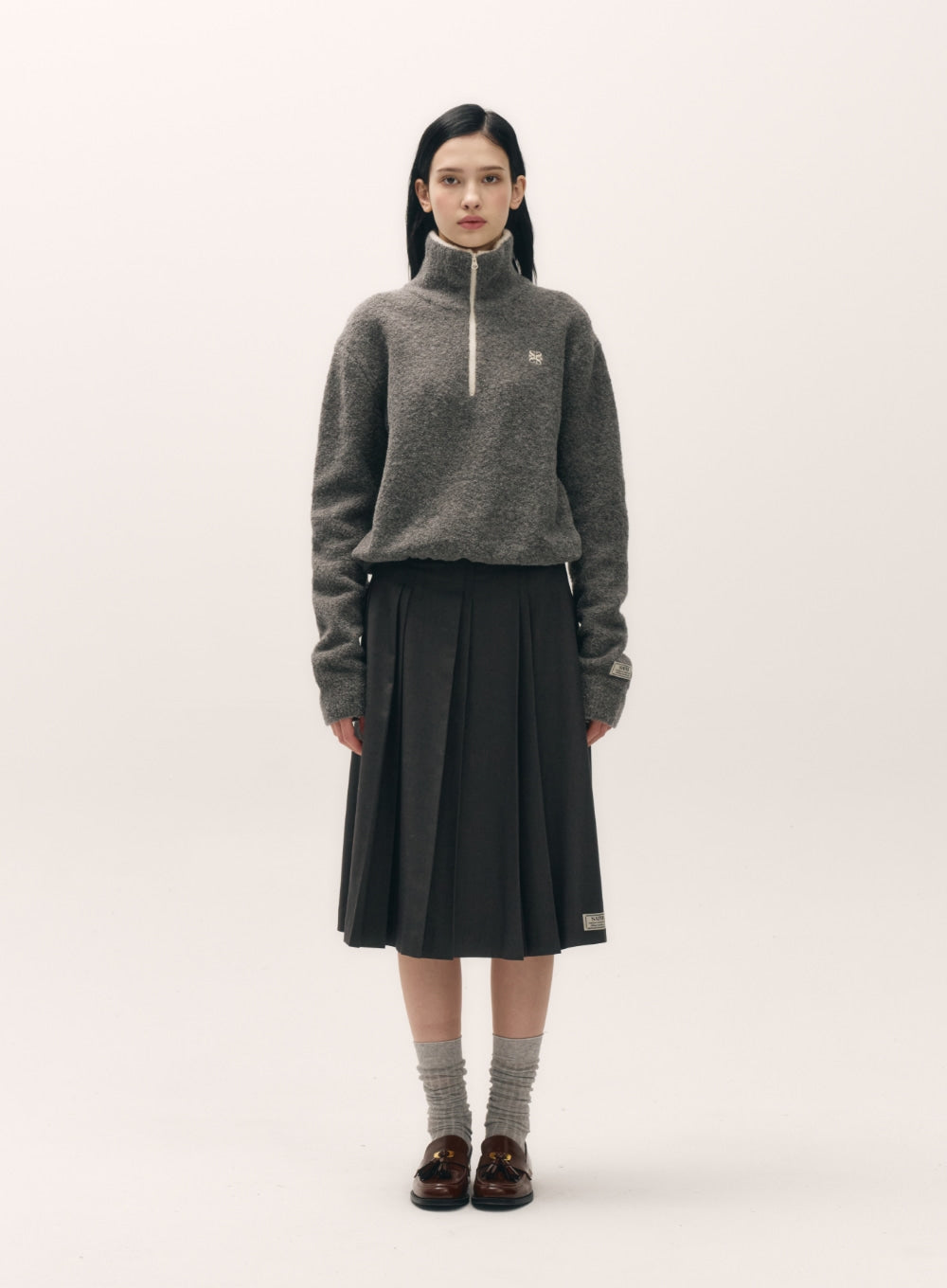 [satur] (W) Crop Half Neck Fleece Knit Zip-up - Gray