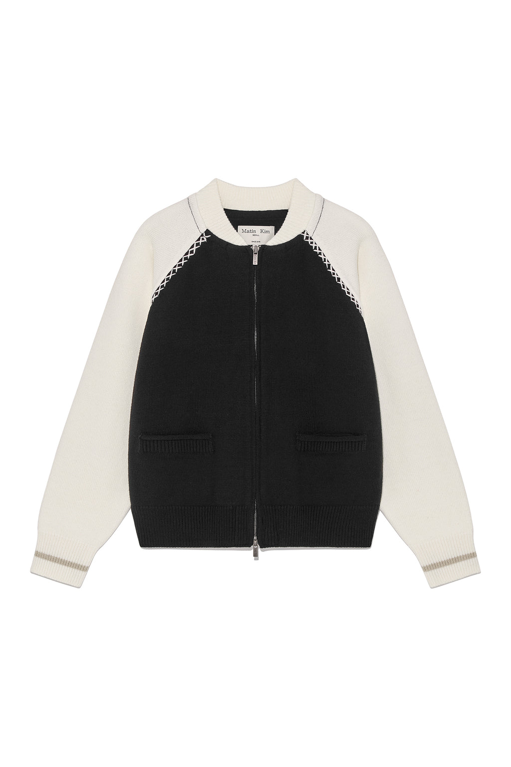 [matinkim] BACK LOGO RAGLAN KNIT ZIP UP IN BLACK