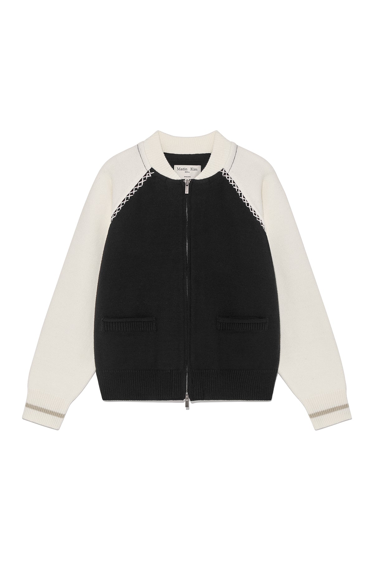 [matinkim] BACK LOGO RAGLAN KNIT ZIP UP IN BLACK