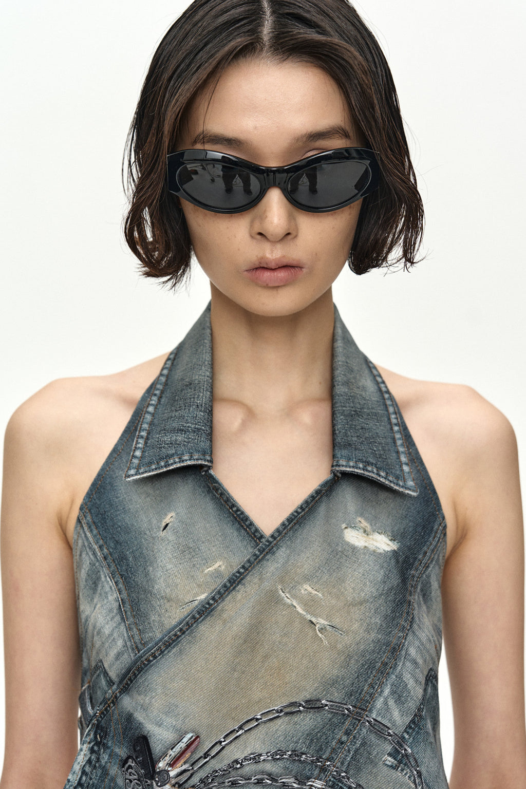 Andersson Bell Upside-Down Printed Denim Halter Top