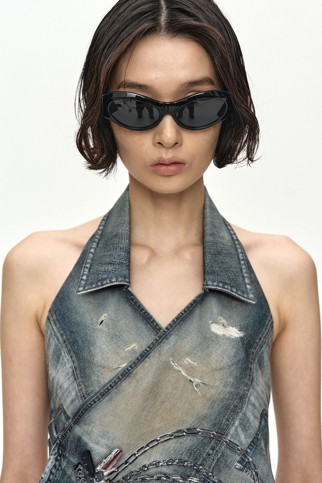Andersson Bell Upside-Down Printed Denim Halter Top