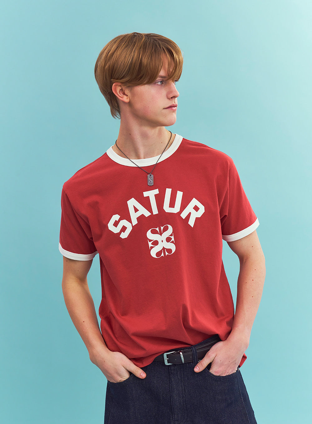 Satur Arch Logo Ringer T-Shirt - Red