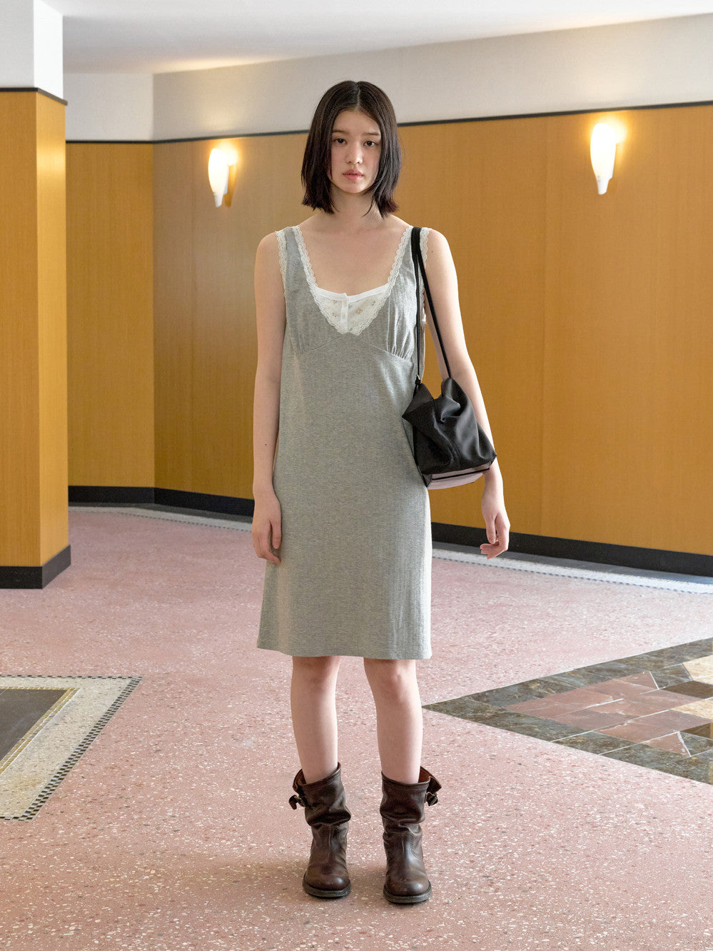 Low Classic Lace Deep V-Neck Dress Melange Grey