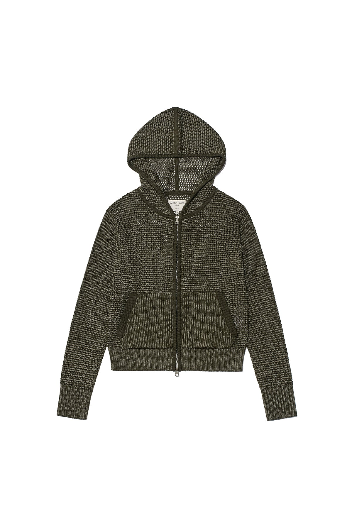 [matinkim] Two Tone Mesh Knit Hoody Zip UP IN Khaki