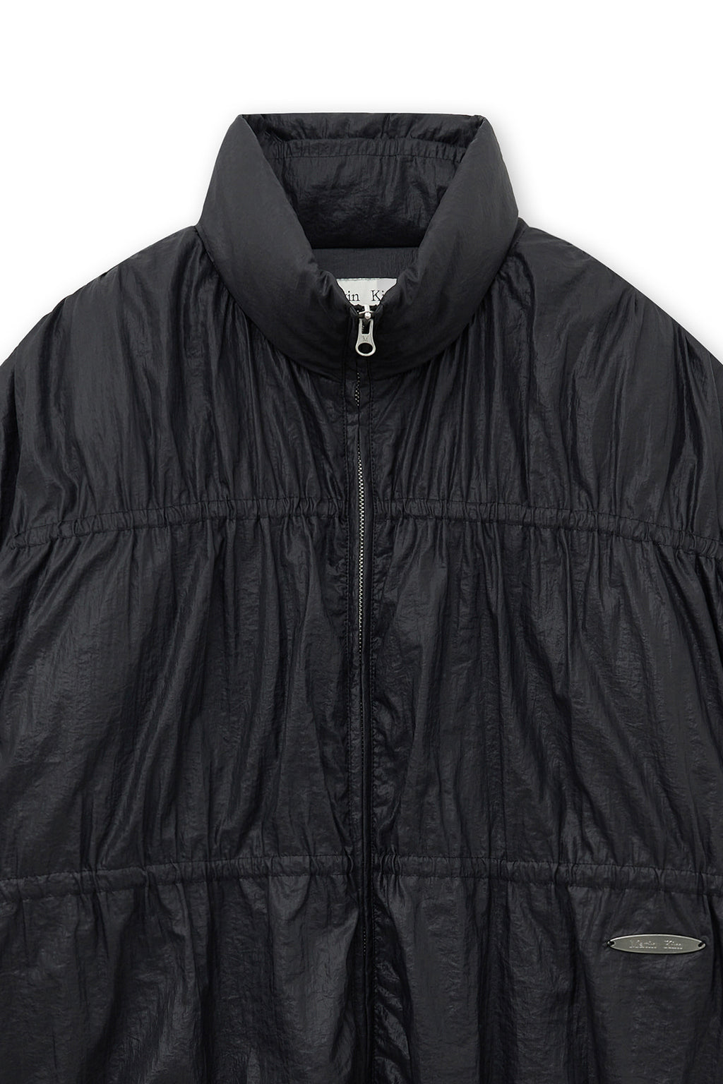 [matinkim] HIGH NECK SHIRRING DOWN JUMPER IN BLACK