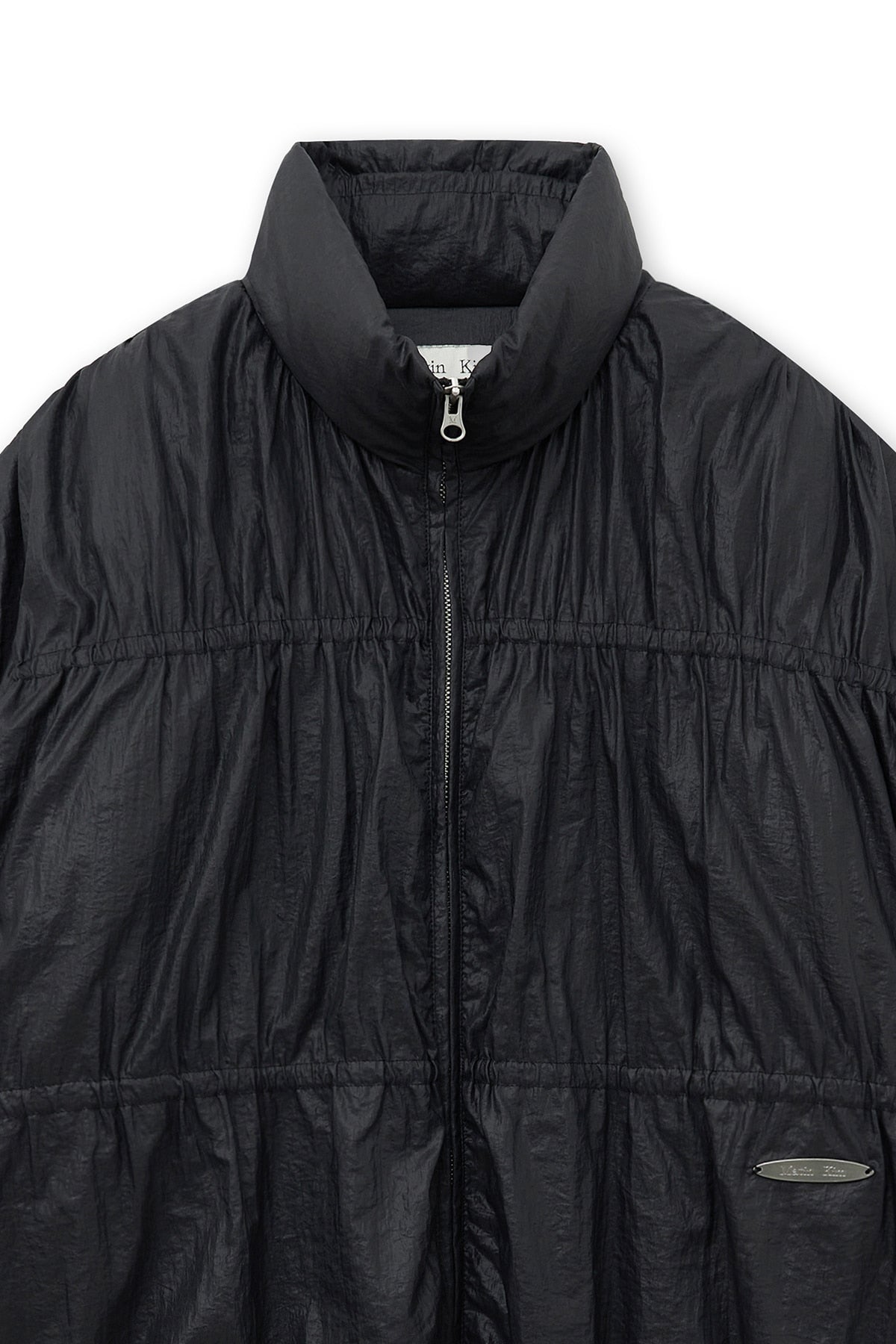 [matinkim] HIGH NECK SHIRRING DOWN JUMPER IN BLACK