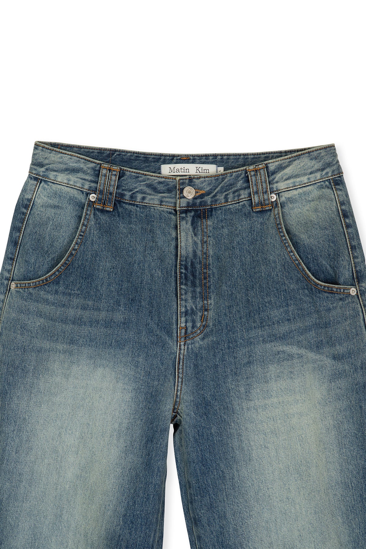 [matinkim] PEACHES COATING WASHED DENIM PANTS FOR MEN IN BLUE