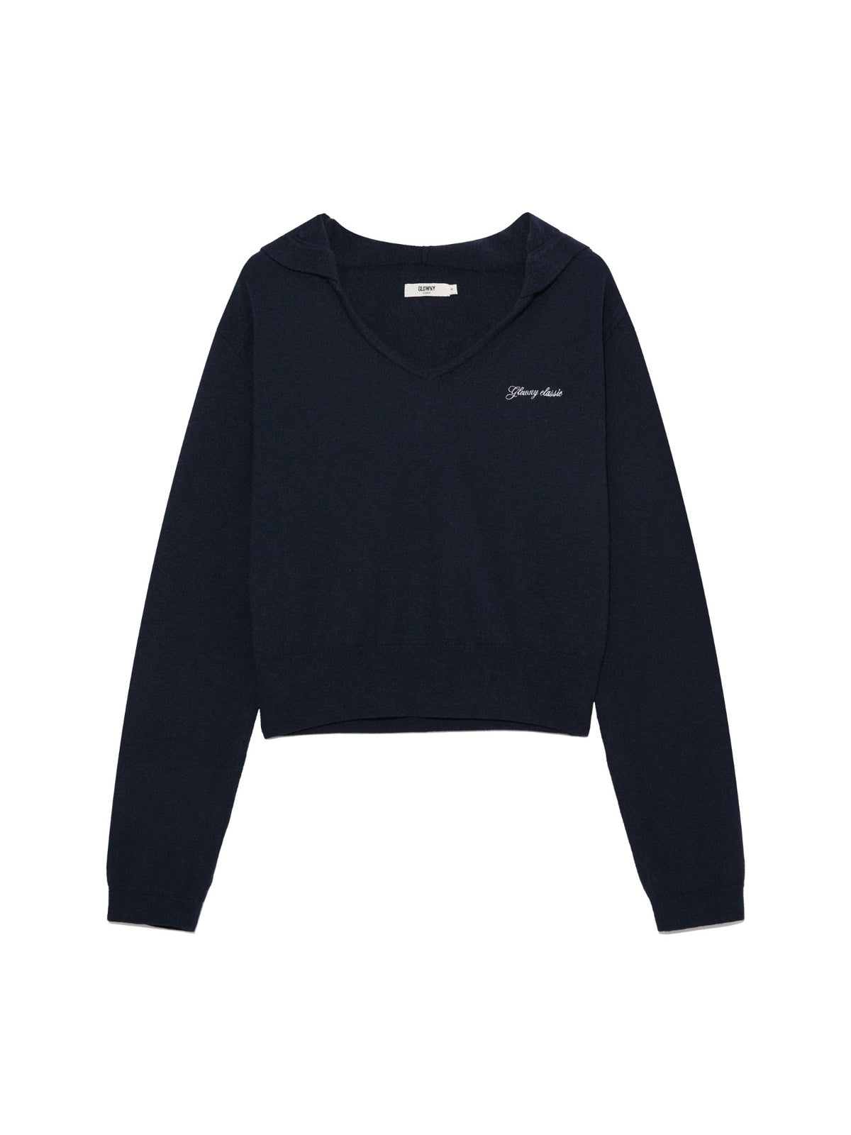 GLOWNY G Hug V-Neck Knit Hoodie (Navy)