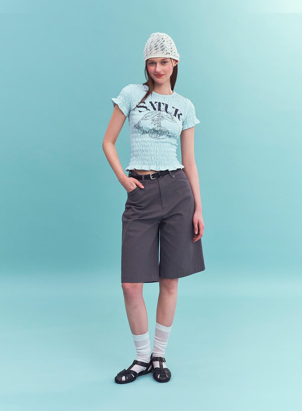 Satur (W) Citron Smocked T-shirt - Sky Blue