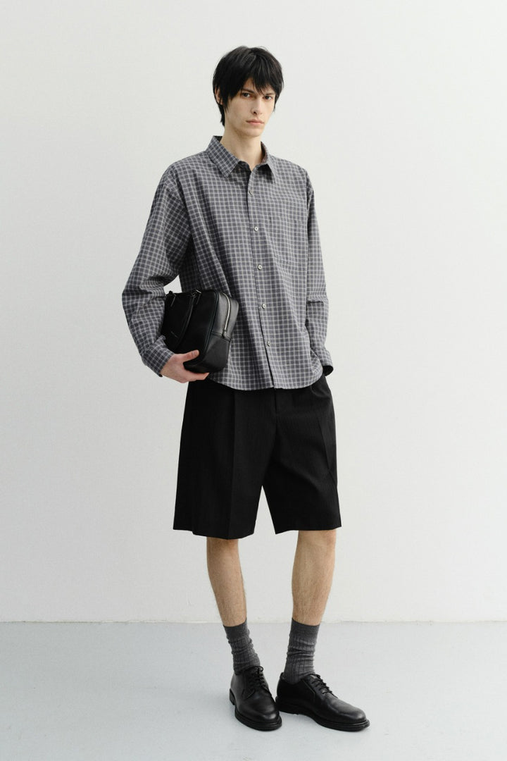 Dunst Unisex Cropped Checked Shirt Navy Check