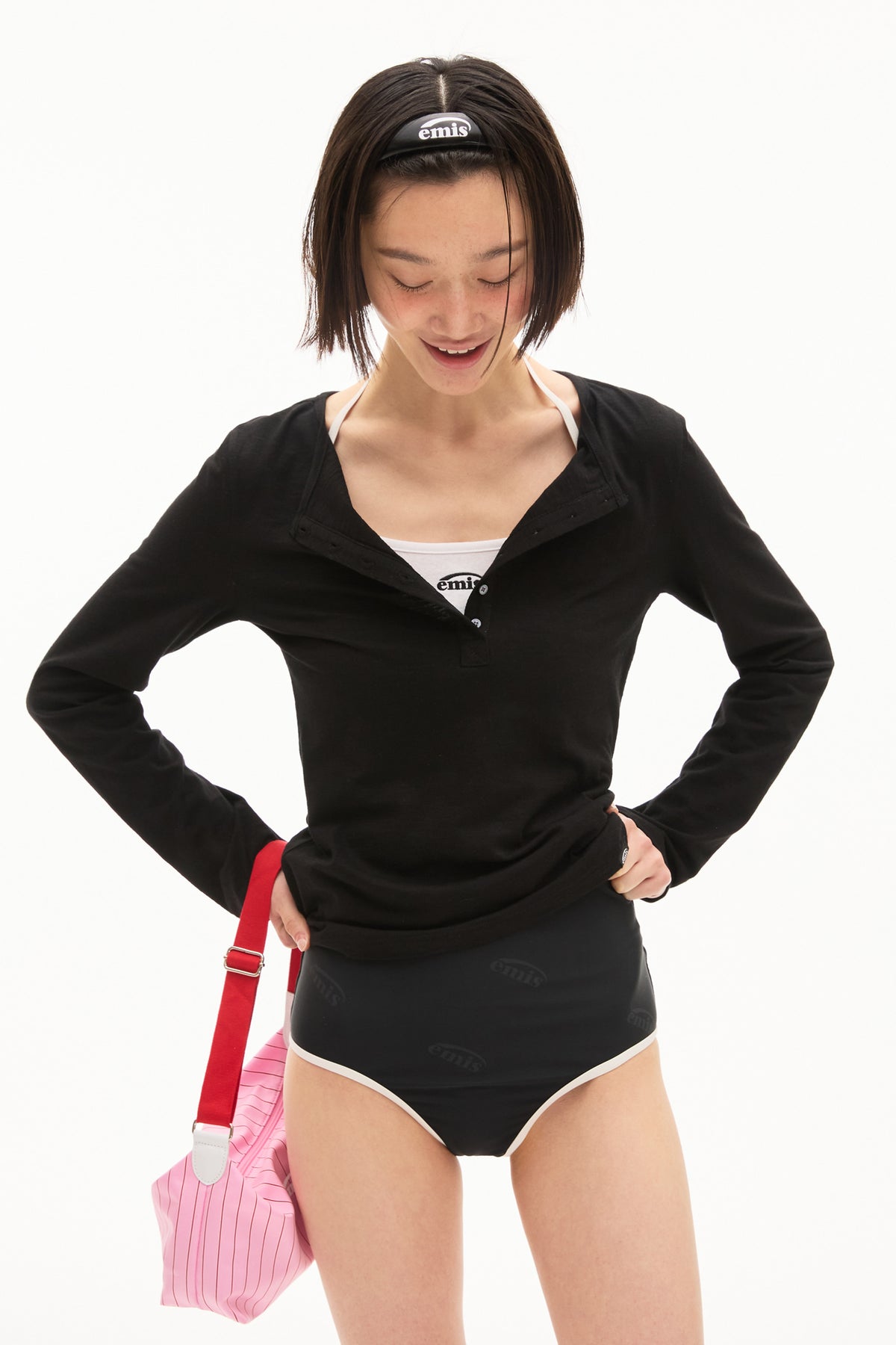 Emis Summer Slub Henley Neck T-Shirt-Black