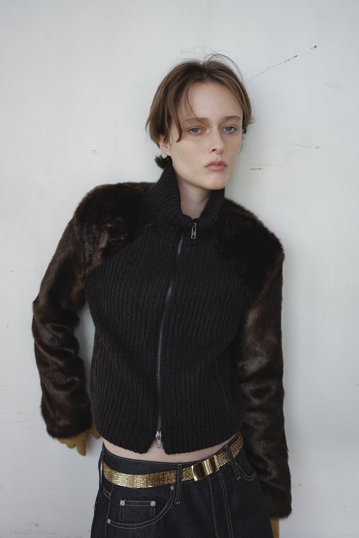 Overdueflair Fur Combi Wool Knit Jacket Black Brown