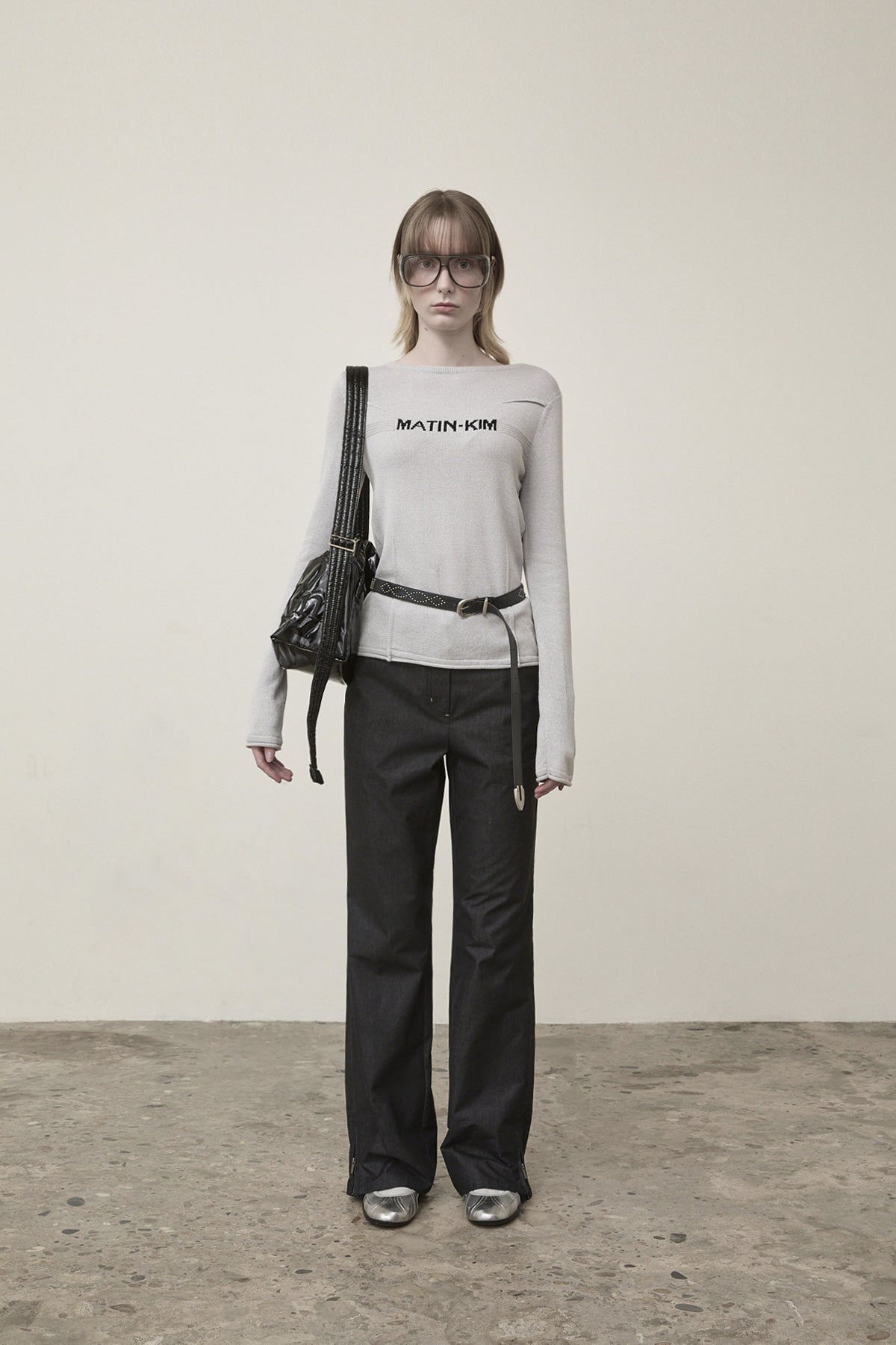 Matinkim Glitter Slim Logo Knit Top IN Light Grey