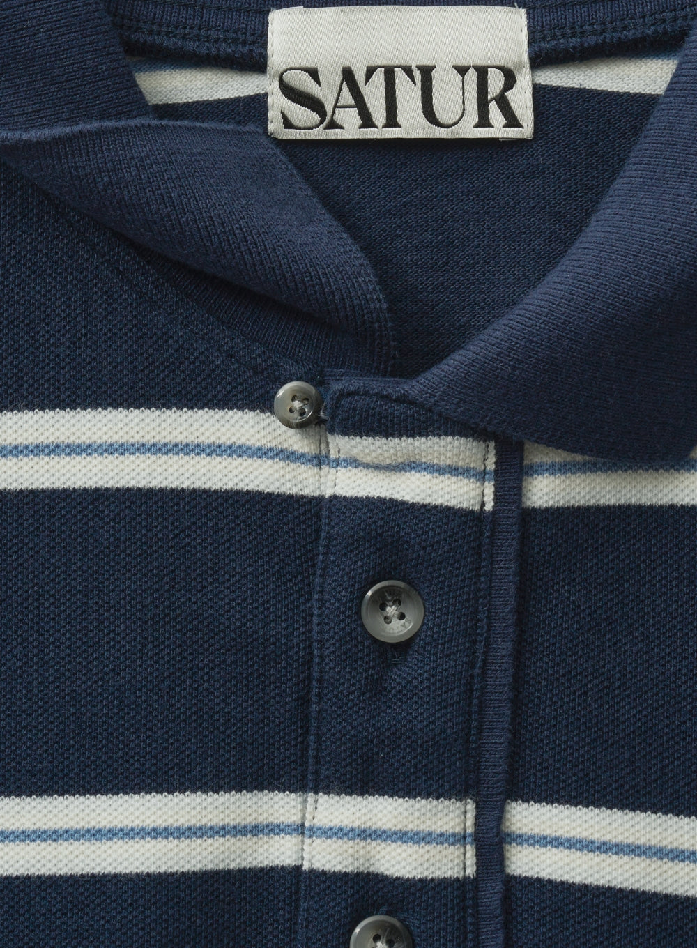 [satur] (W) Stripe Pique Polo Long Sleeve - Navy