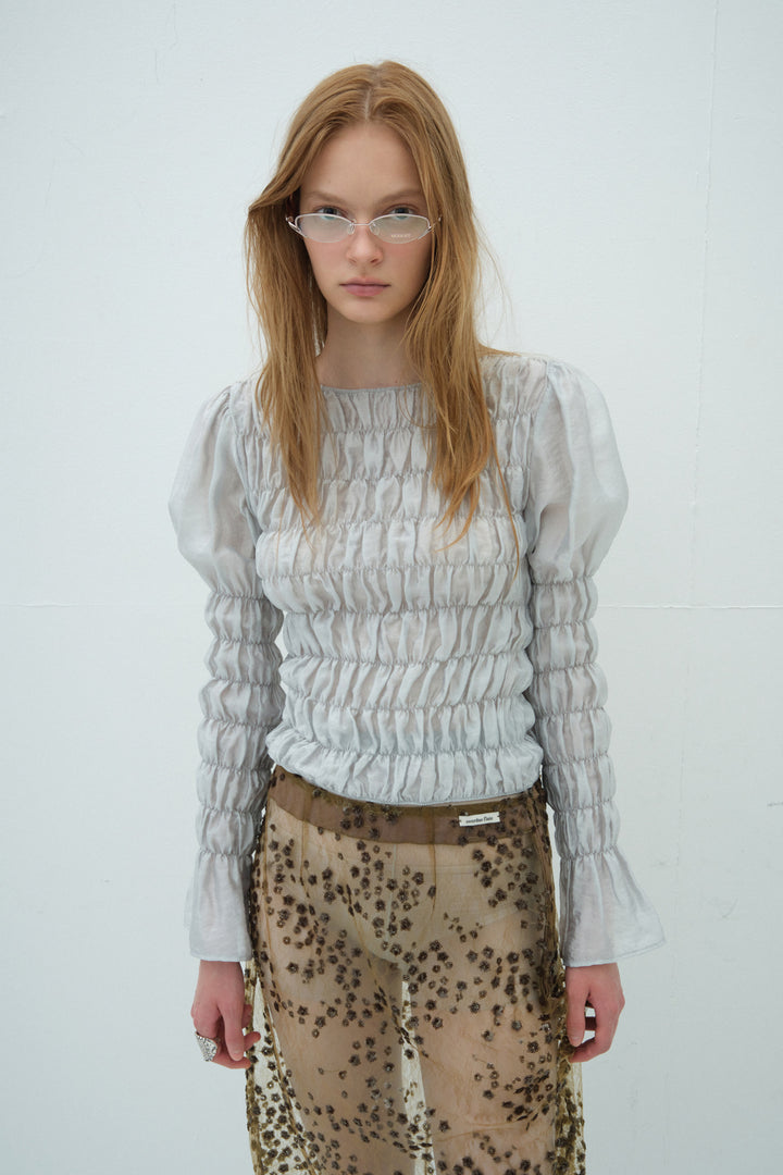 Overdueflair Smocked Puff Blouse Light Grey