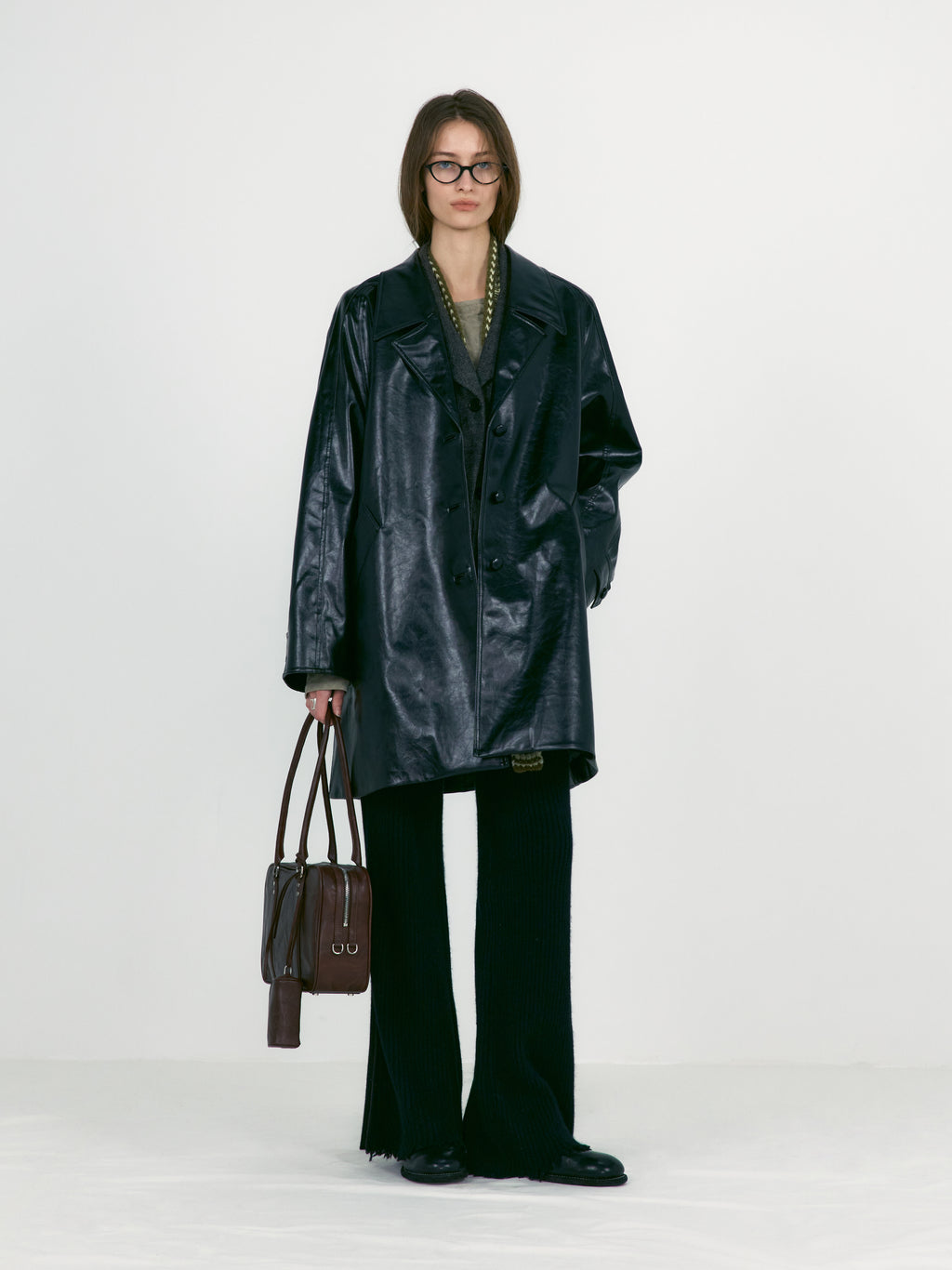 [low_classic] Textured Leather Half Coat
Black