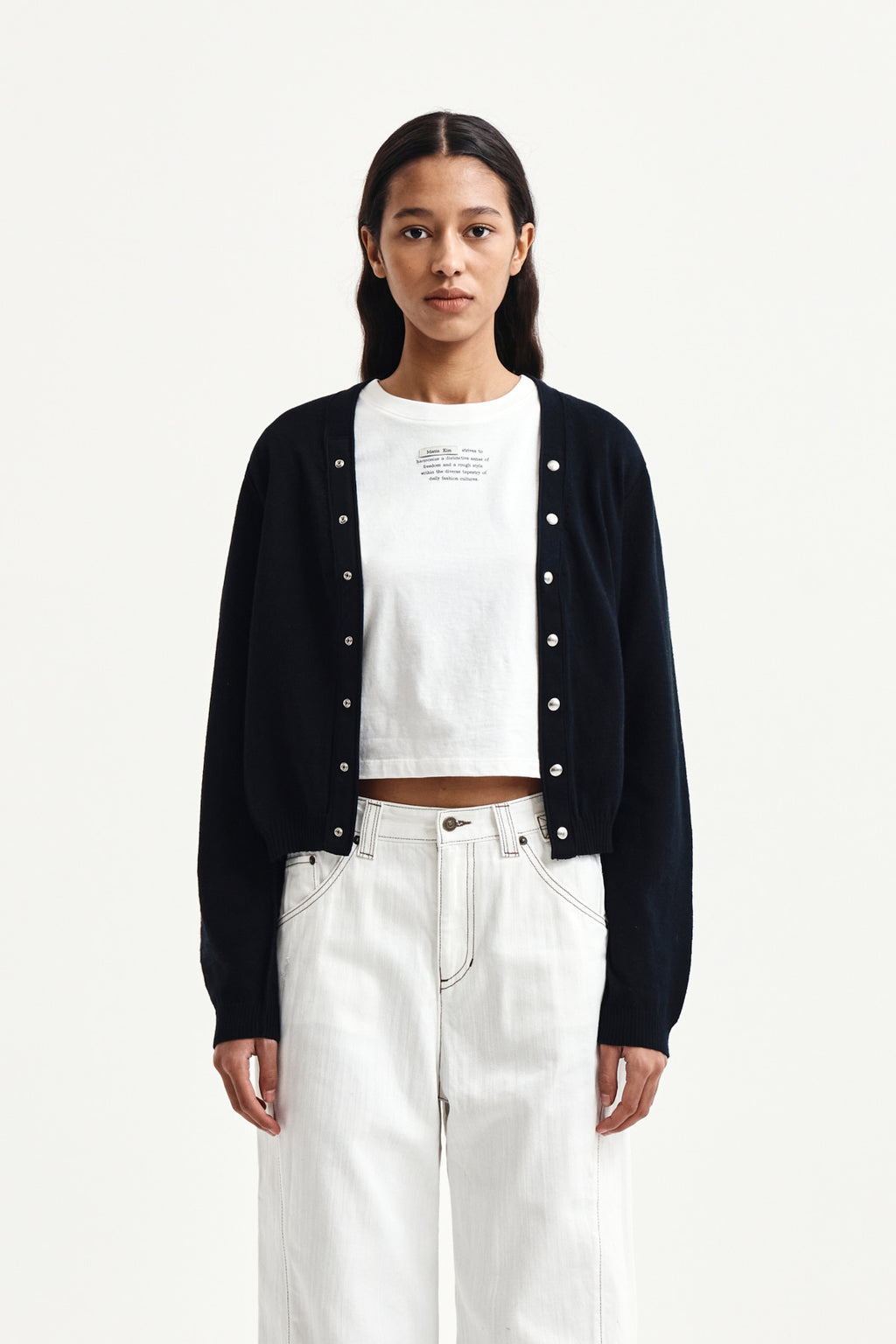 [matinkim] BACK LOGO SNAP BUTTON CARDIGAN IN BLACK