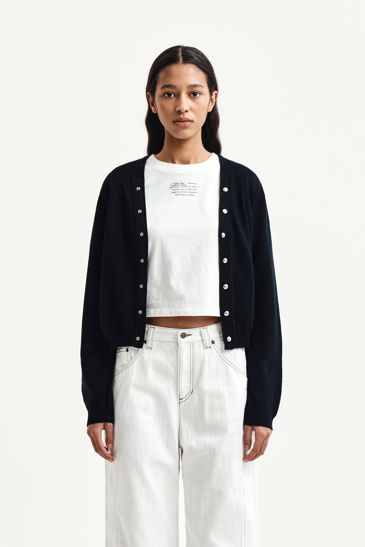 [matinkim] BACK LOGO SNAP BUTTON CARDIGAN IN BLACK