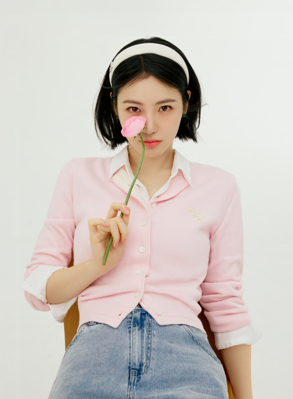 [SATUR] Loren Basic Crewneck Fine Cardigan - Pink
