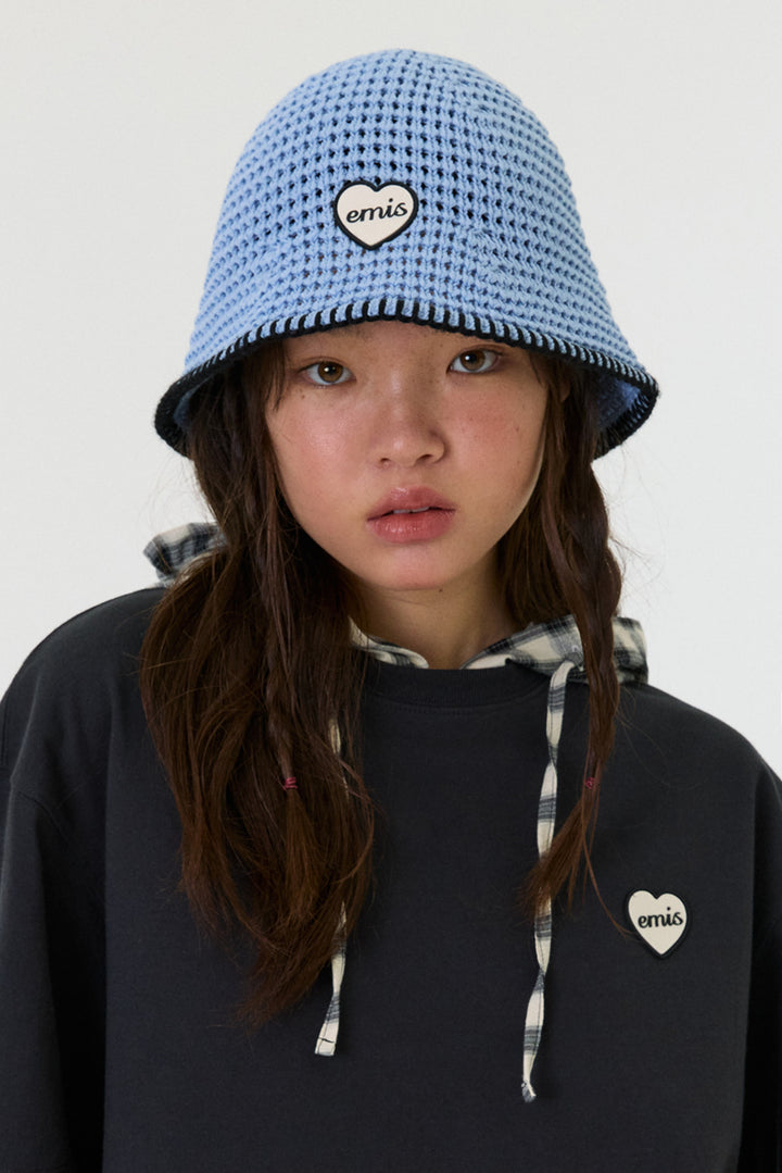 Emis Heart Rubber Patch Knit Bucket Hat-Pastel Blue