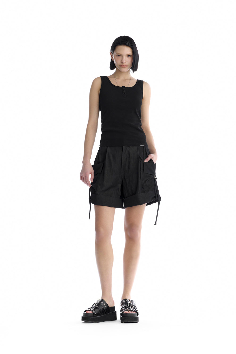 Treemingbird Side Strap Roll-Up Cargo Shorts Black