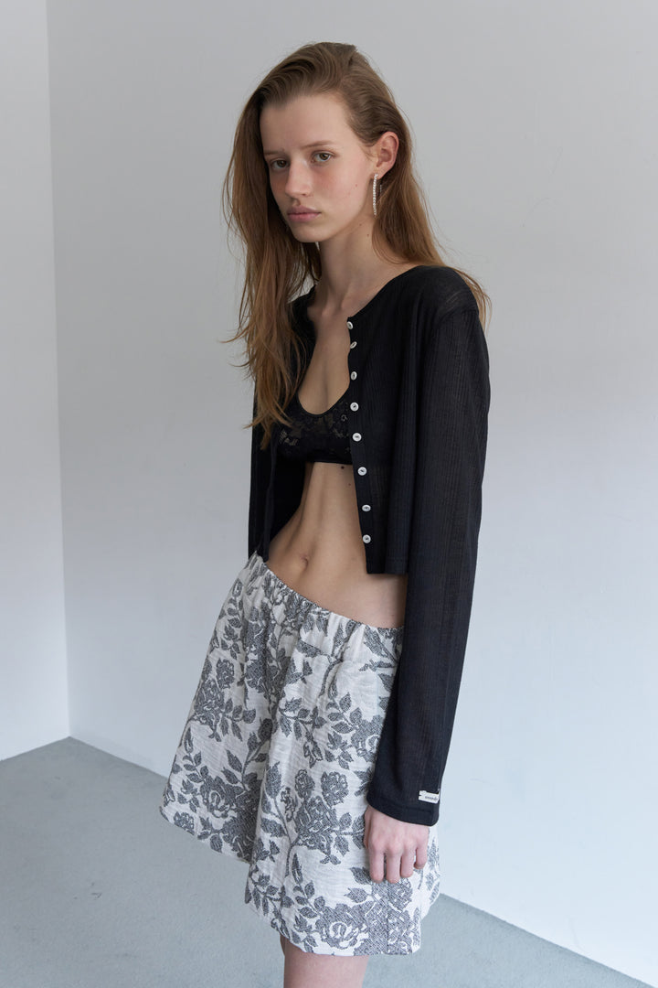 Overdueflair Texture Wide Half Pants Black Flower